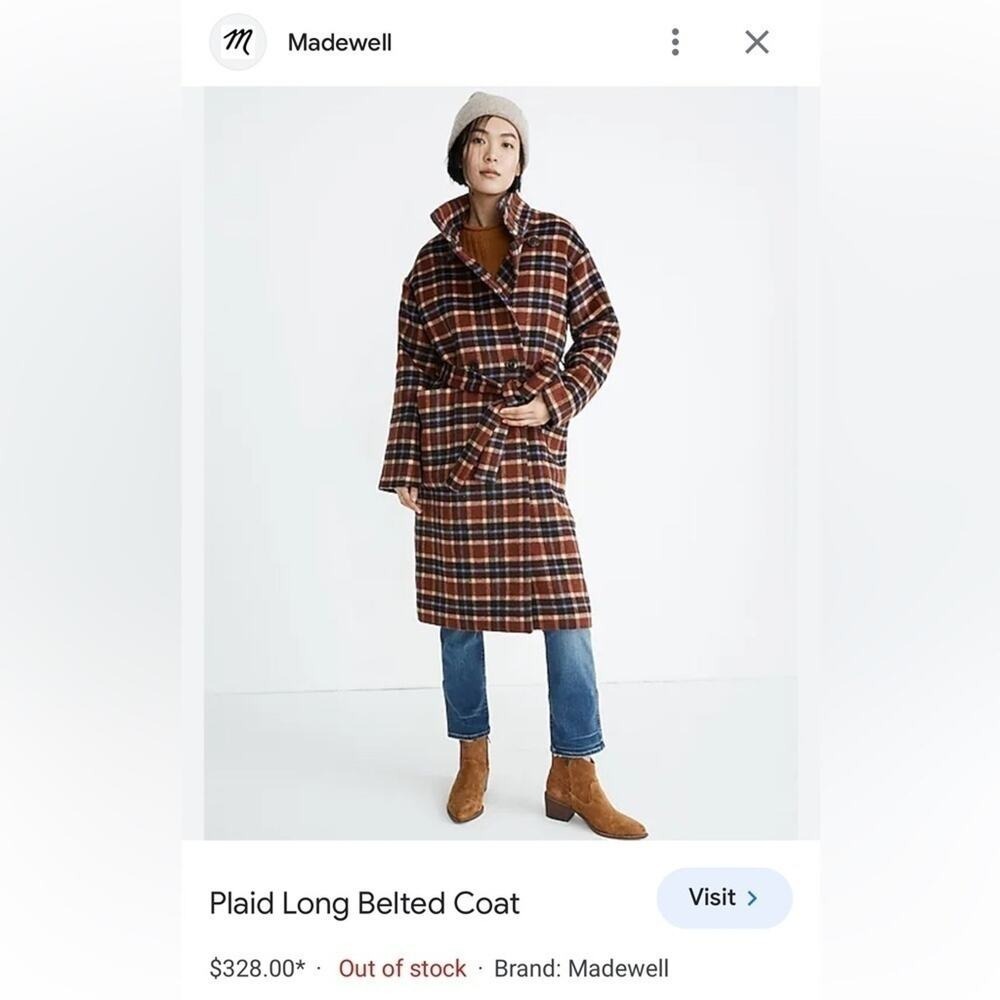 Madewell Rust Wool Blend Plaid Women's Coat Long Belted AA327 S - Picture 11 of 15